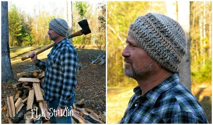 Man wearing crochet beanie holding ax on his shoulder with chopped wood on the ground behind him. Additional close up of man wearing crochet beanie in a variegated cream and tan color.  