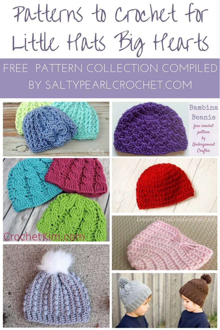 A collection of FREE crochet patterns to make for Little Hats Big Hearts compiled by SaltyPearlCrochet.com