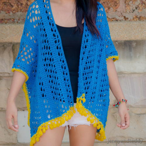 Lemon Drop Kimono Cardigan by Jenny and Teddy - part of a boho crochet vest pattern collection curated by SaltyPearlCrochet.com.
