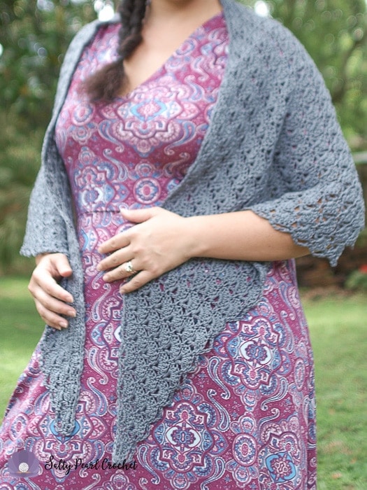 Front view showing the full length of the Mermaid Tears Shawl Pattern