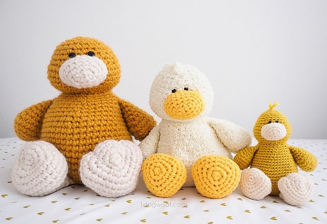 Three crochet duck amigurumi baby toys