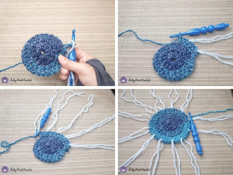 This collage of four photos shows how to add a piece of scrap yarn to crochet as a stitch marker.