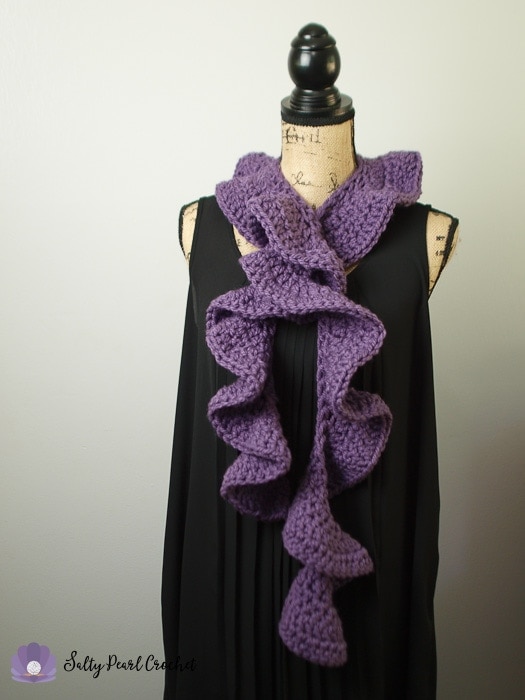 Full length view of the chunky ruffle scarf on a dressform.
