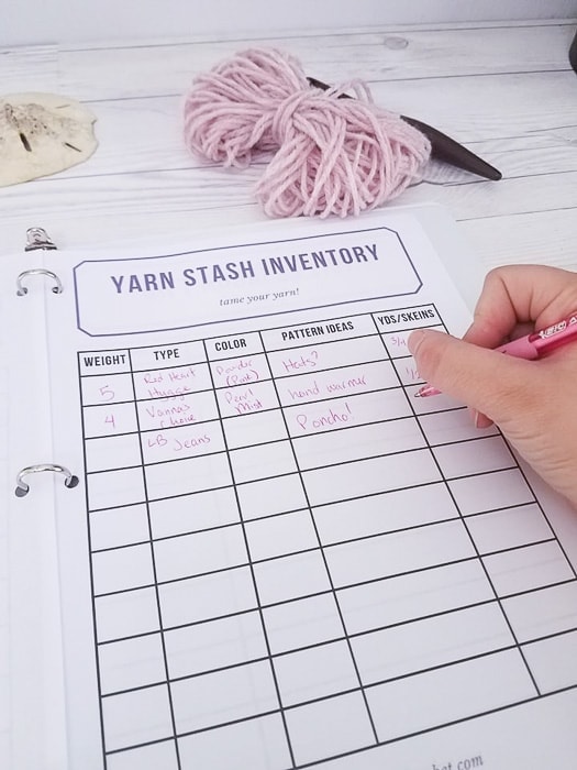 A partially filled out Yarn Stash Inventory printable worksheet.