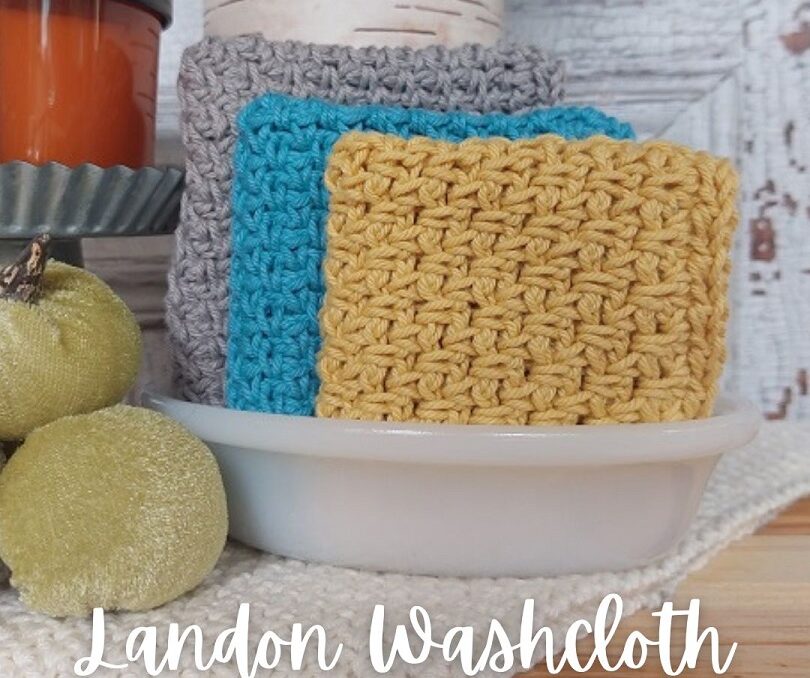 3 crochet linen stitch washcloths folded in a soap dish