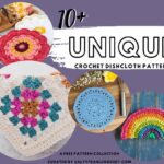 a collage of 4 photos of unique crochet dishcloth patterns