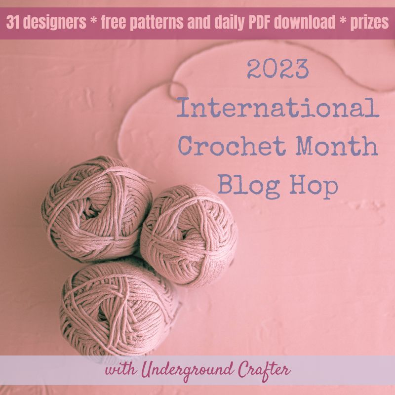 Pink yarn balls on a pink background and text reading 2023 international crochet month blog hop