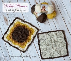 Cable crocheted squares on a white wood background with skeins of yarn next to crochet squares. 