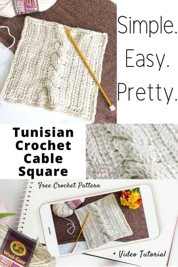 Photo collage for Tunisian Crochet Cable Square. White Tunisian Crochet square with gold tunisian crochet hook. 