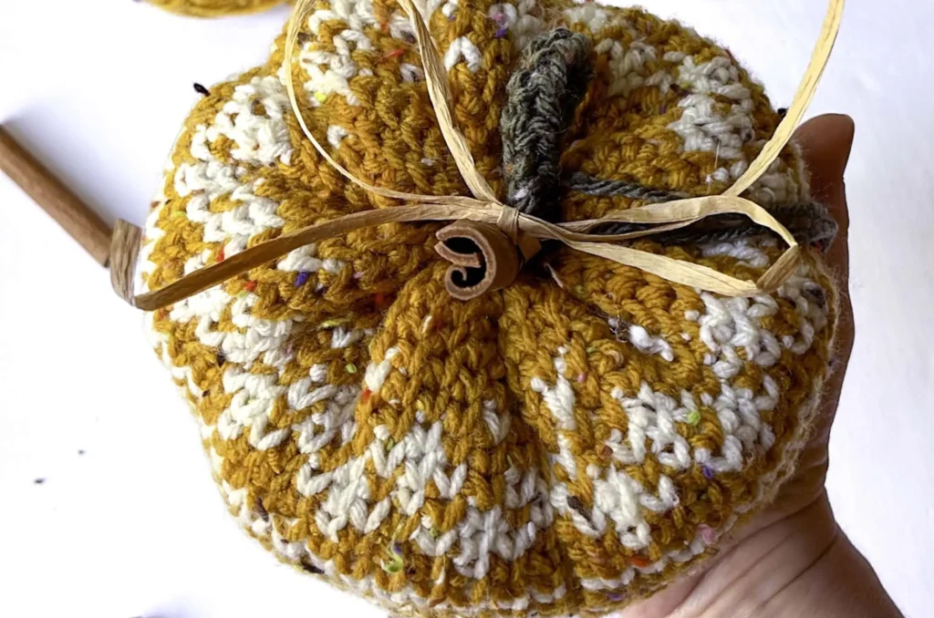 A hand holding an orange and white crochet pumpkin with a cinnamon stick stem.